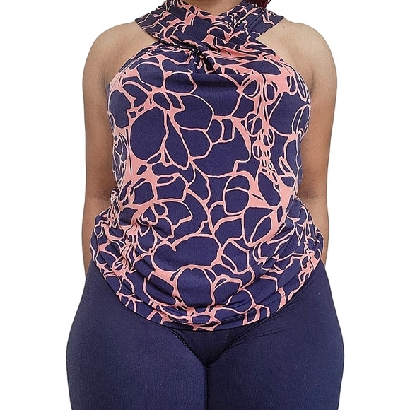 ❤️Outback Red Peach & Navy Blue Abstract Cross Shoulder Halter Blouse☆ - Picture 1 of 2